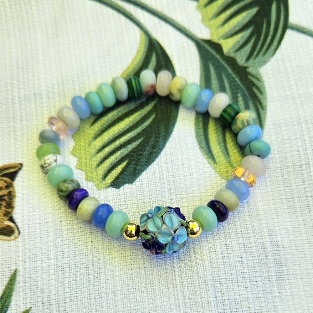 SALE!! Opal Smooth and 14K Gold Filled Bead Bracelet with Floral Focal Bead